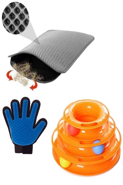 TİNEKE Tower Of Tracks Cat Toy Cat Feather Collection Glove with Sifter Cat Toilet Mat (GREY) 3 Pieces