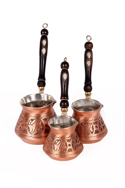 DMT COPPER HOME طقم وعاء قهوة مطرز يدويًا من النحاس الثقيل ومطرز باللؤلؤ ومقبض من Dmt Gaziantep (3 قطع)