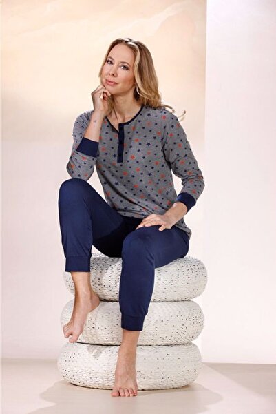 Nurteks Kadın Lacivert Yıldız Baskılı Uzun Kollu Pijama Takımı