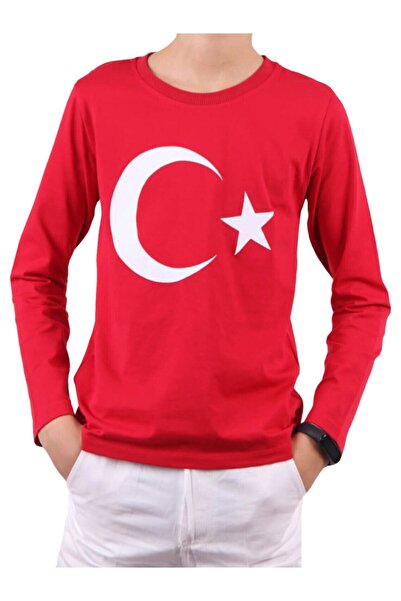 Notte Rossa Unisex Çocuk Kırmızı Ay Yıldız Türk Bayraklı Uzun Kollu T-shirt