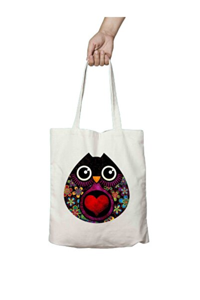 ART HEDİYE Heart Owl Two Sides Permanent Printed Washable Cloth Bag Shoulder Bag