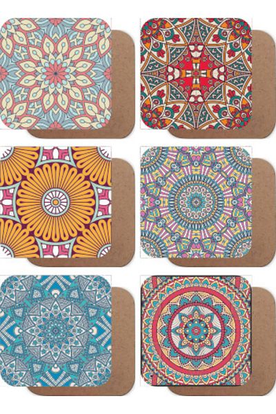 Hayat Poster Set of 6 Colorful Mandala Themed Wooden Coasters