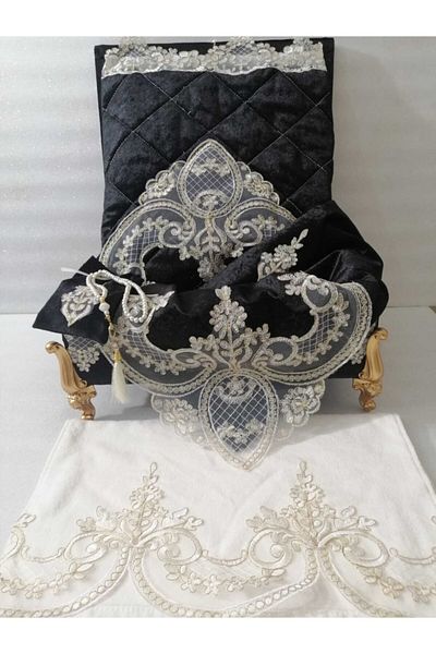 Lady Rio Prayer Rug Bundle Set with Storage Box, French Lace and Velvet Fabric. Black Fabric Ecru Gold Lace