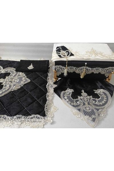 Lady Rio Prayer Rug Bundle Set with Storage Box, French Lace and Velvet Fabric. Black Fabric Ecru Gold Lace