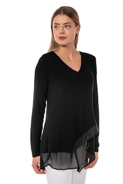 EtkiModa Fustă neagră pentru femei, cu decolteu în V, cu mânecă lungă, căptușită din șifon, cu detalii din piele, tricotaje de sezon asimetrice, bluză cu tunică