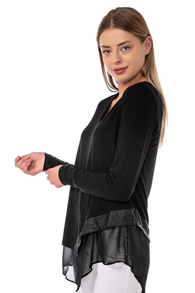 EtkiModa Fustă neagră pentru femei, cu decolteu în V, cu mânecă lungă, căptușită din șifon, cu detalii din piele, tricotaje de sezon asimetrice, bluză cu tunică