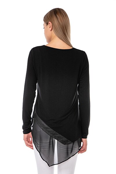 EtkiModa Fustă neagră pentru femei, cu decolteu în V, cu mânecă lungă, căptușită din șifon, cu detalii din piele, tricotaje de sezon asimetrice, bluză cu tunică