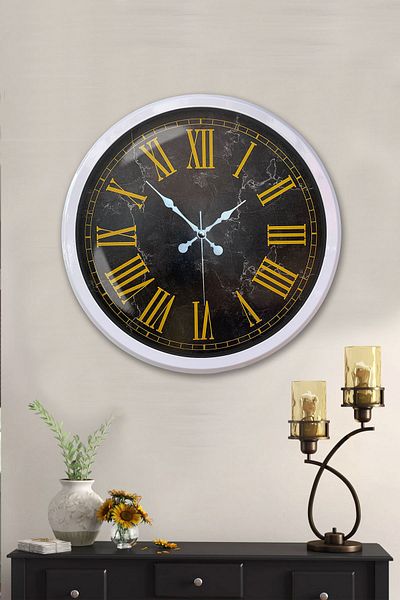 Kasva Concept Gift Decorative 52 cm White Metal Marble Pattern Roman Numeral Wall Clock