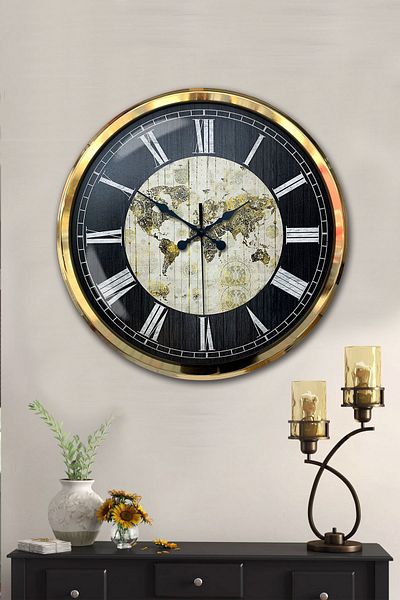 Kasva Concept 52 cm Gold Metal World Maps Wall Clock