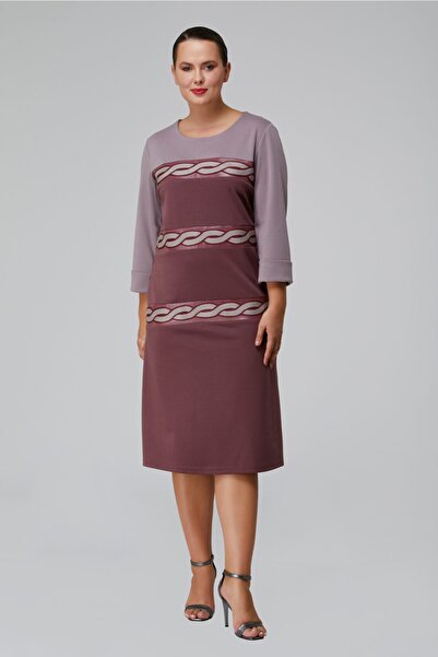 MİYORO Διπλό Χρώμα Μεγάλο Γυναικείο Φόρεμα με Κεντητό Δερμάτινο Λεπτομέρεια Ρίγας