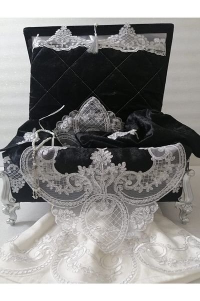 Lady Rio Prayer Rug Bundle Set with Storage, French Lace and Velvet Fabric. Black Fabric Ecru Silver Lace