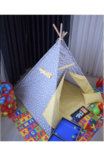 miniks Pamuk Ahşap Çocuk Oyun Çadırı Evi Kızılderili Çadırı Yastık