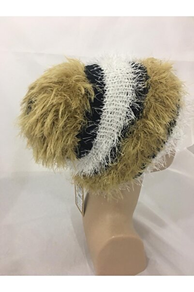 drt tasarım قبعة نسائية من الفرو الأسود والأصفر محبوكة يدويًا