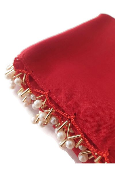 BENLİ Pearl Beaded Gold Hand Embroidered Scarf Writing 100x100cm