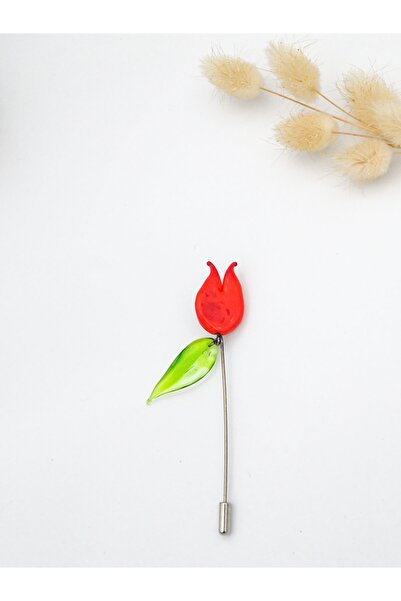 camADA Murano Kırmızı Lale Yapraklı Yaka Iğnesi Broş