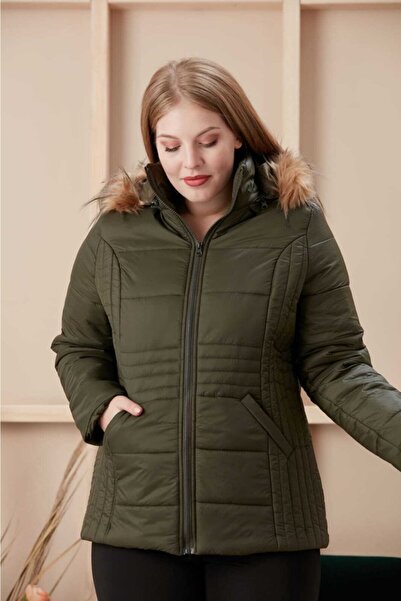 RMG Kapşonlu Büyük Beden Haki Kapitone Mont