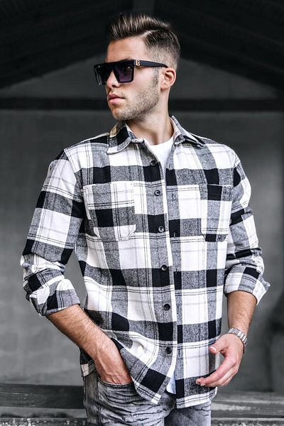 Madmext White Plaid Men's Shirt 5518