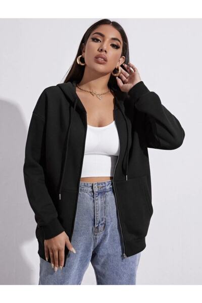 LAPS سويت شيرت أسود بسحاب نسائي مقاس كبير