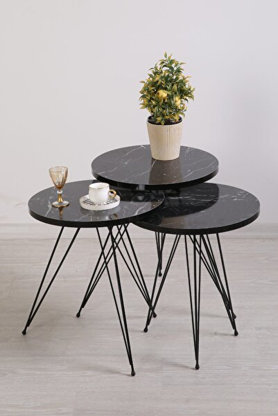 Evnalia Firkete Metal Ayak Mermer Desenli 3'lü Zigon Sehpa Siyah