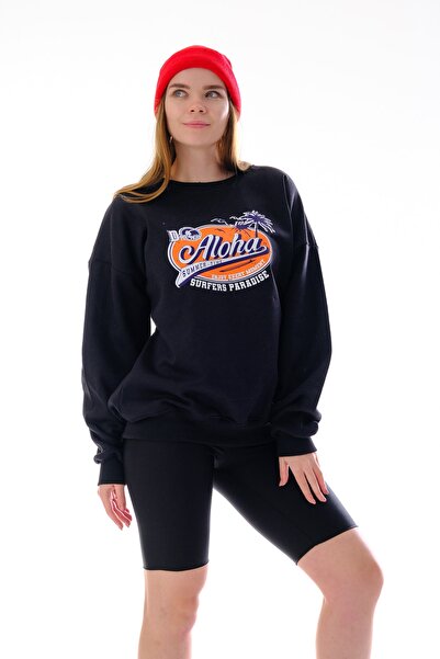 LAPS سويت شيرت ألوها أسود كبير الحجم للسيدات