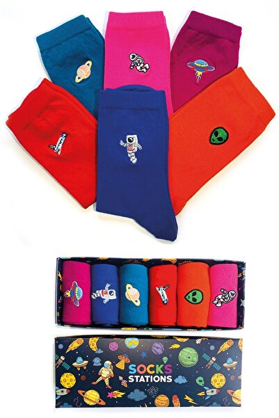Socks Stations 6-пакет астронавт и цветна кутия за чорапи с космически мотиви