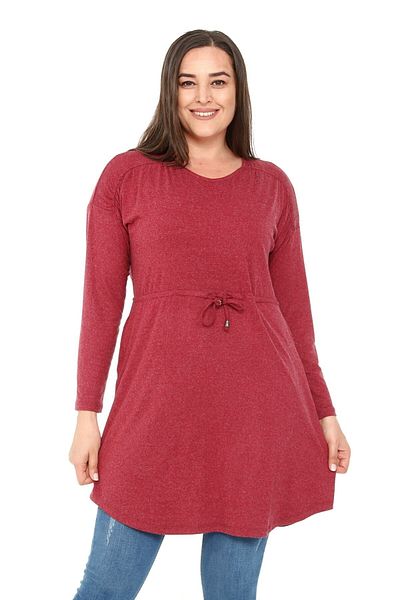 DISENTIS MODEST Plus Size Round Neck Detailed Pocket Waist Drawstring Wool Viscose Burgundy Tunic Dress