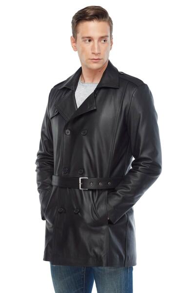 Genel Markalar Hakiki Deri Siyah Erkek Trençkot