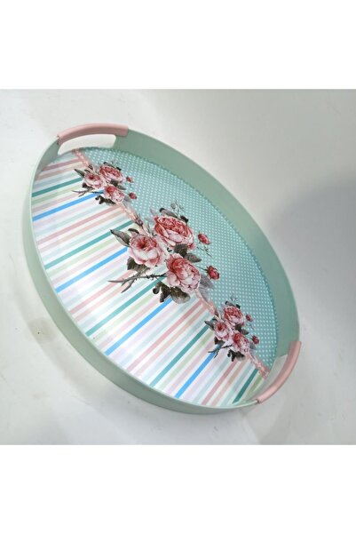 abnturk 30 cm x 34.5 cm Dekoratif Şık Ekonomik Oval Plastik Desenli Tepsi