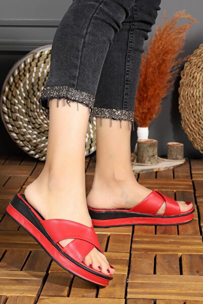 WOGGO Women's Wedge Heel Slippers Red Daily Slippers Comfortable Lightweight Stylish Cross Young Mother Slippers Plt 166