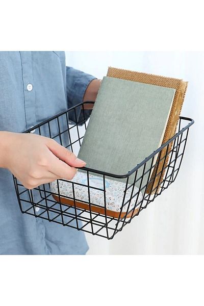 GO DEKOR Relaxdays Black Grid Metal Basket - Rectangular Storage and Organizer