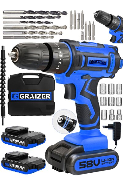 Graizer Germany Technology Hybrid 58 V 5 Ah Darbeli Çift Akülü Vidalama Metal Şanzuman Şarjlı Matkap