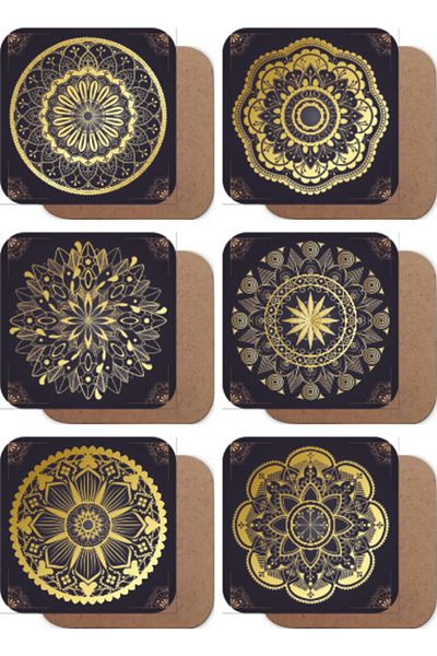 Hayat Poster Gold Colored Mandala Set of 6 Wooden Coasters with Black Background