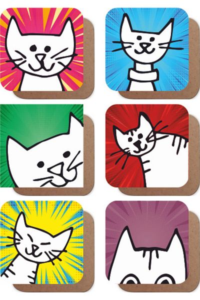 Hayat Poster Cats Pop Art Set of 6 Wooden Coasters
