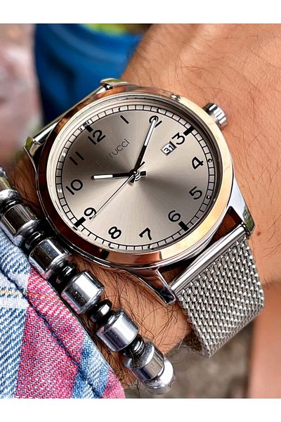 Ferrucci Silver Color Bronze Dial Classic Men's Wristwatch + Hematite Natural Stone Bracelet Gift