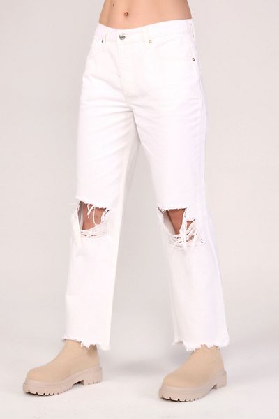MJORA Women's White Mid Waist Distressed Jean Pants
