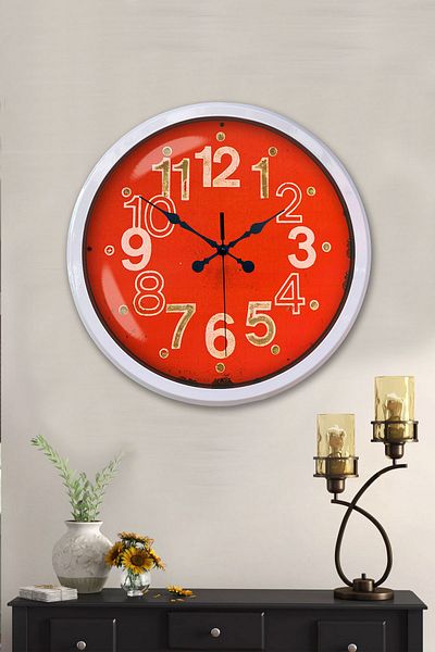 Kasva Concept Gift Decorative 52 cm White Metal Red Dial Wall Clock
