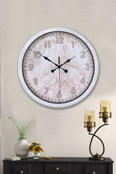 Kasva Concept Gift Decorative 52 cm White Metal Marble Pattern Wall Clock