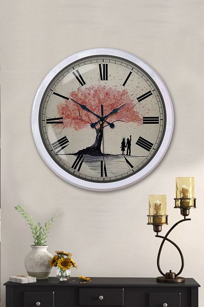 Kasva Concept Gift Decorative 52 cm White Metal Pink Tree Wall Clock