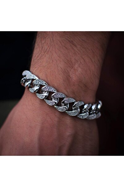 AYSU Cuban Chain Beyaz Altın Kaplama Taşlı Zincir Bileklik 21 cm