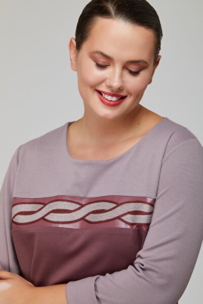 MİYORO Διπλό Χρώμα Μεγάλο Γυναικείο Φόρεμα με Κεντητό Δερμάτινο Λεπτομέρεια Ρίγας