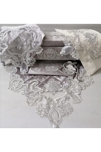 Lady Rio Prayer Rug Bundle Set with Storage, French Lace and Velvet Fabric. Gray Fabric, Ecru Silver Lace