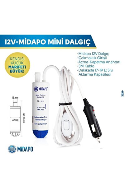 Midapo 12 Volt Araba Çakmaklı Kucuk D.c Mini Dalgıc Pompa