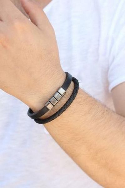 Gogoey Men's Leather Bracelet Stainless Steel Metal Silver Bracelet Black Magnet Clasp For Male Jewelry