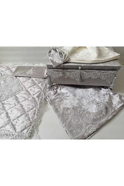 Lady Rio Prayer Rug Bundle Set with Storage, French Lace and Velvet Fabric. Gray Fabric, Silver Ecru Lace