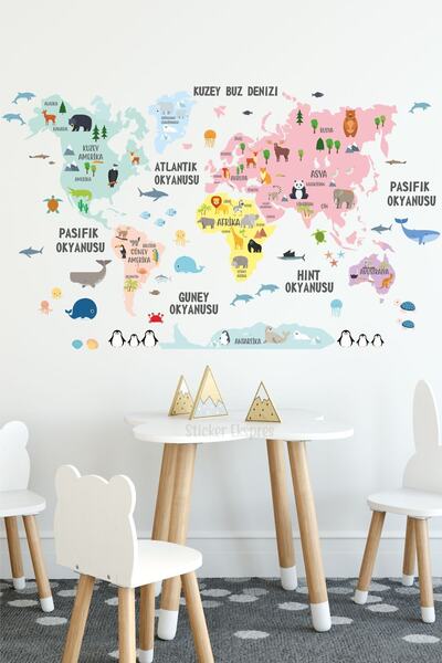 Sticker Ekspres Rengarenk Türkçe Dünya Haritası Dünya Atlası Bebek Çocuk Odas...