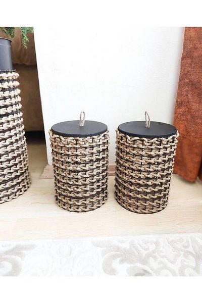 Egindra Set de 2 coșuri decorative din metal - împletit cu răchită cu capac dublu