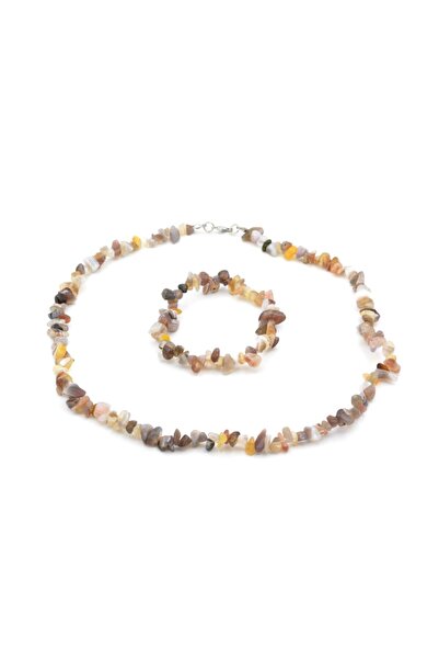 Murty99 Hakiki Doğal Kırık Taş Botswana Akik Taşı Bileklik Ve Kolye Seti