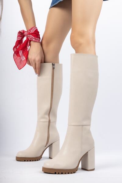 PASSAGE SHOES 7009 Bej Cilt Fermuarlı Topuklu Kadın Çizme