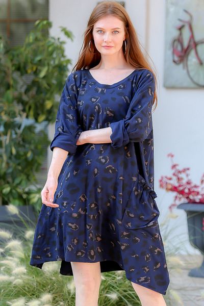 Chiccy Rochie cu mânecă lungă, cu buzunare, cu volan, albastru bleumarin, italiană, cu gât leopard M10160000el94085