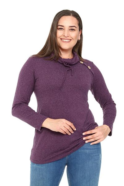 DISENTIS MODEST Plus Size Drawstring Degaje Collar Wool Viscose Plum Blouse with Button Detail on the Shoulder